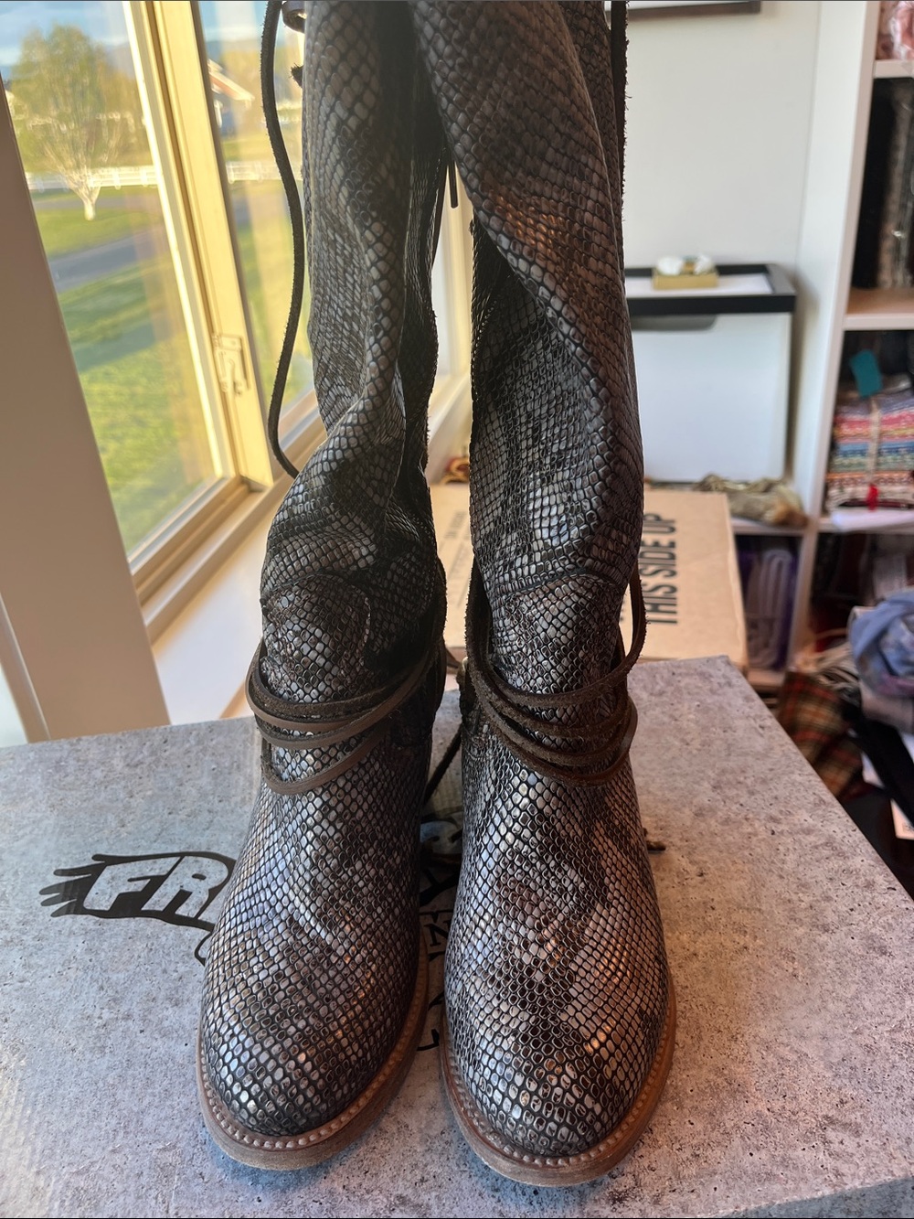 Freebird by Steven Black Coal blue multi snake Knee-High Heeled Boots